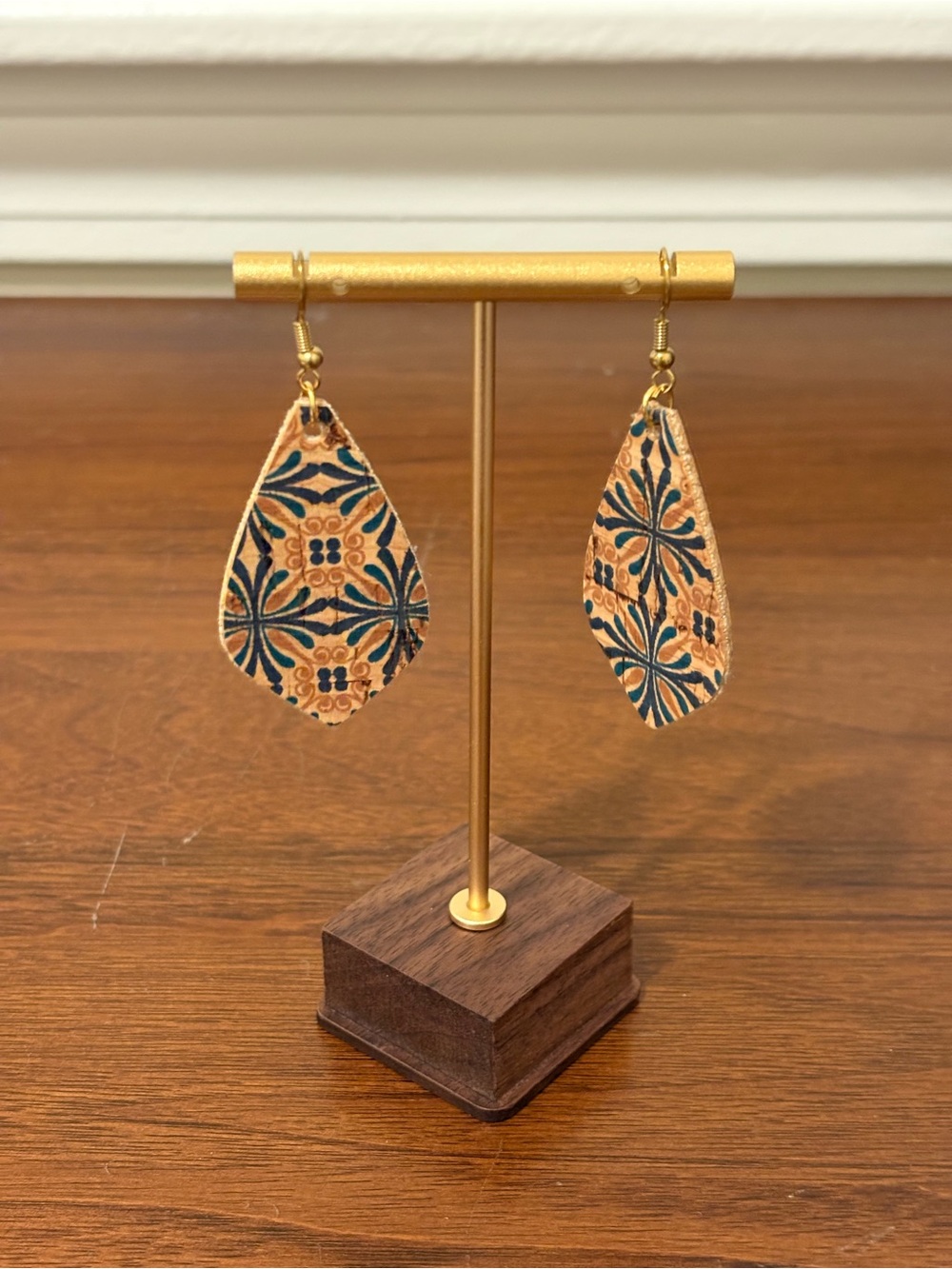 Handmade Tan & Teal Patterned Leaf Leather Earrings